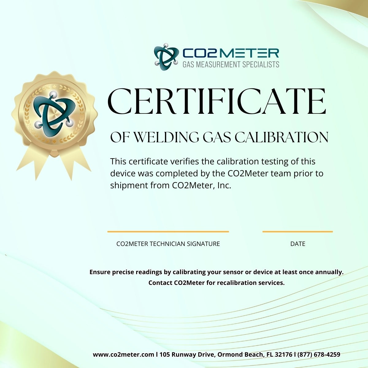 CM-1650 & CM-1652 Welding Gas Analyzer Calibration Certificate